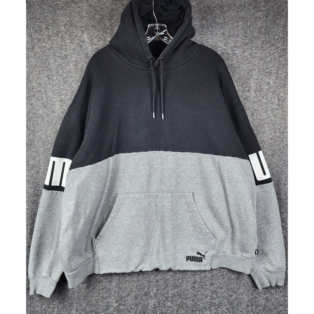 Puma Hoodie Mens 3XL Black Grey Colorblock Graphic Sleeve Pullover Sweatshirt